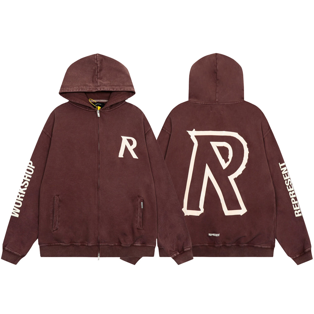 Represent Vintage "R" Logo Heavyweight Zip-Up Hoodie - Burgundy/Brown