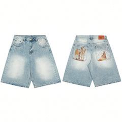 Derschutze Desert Camel Embroidery Denim Shorts - Light Blue Acid Wash