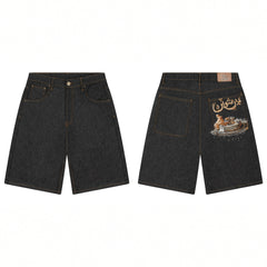 Derschutze Back Graphic Embroidery Denim Shorts - Black