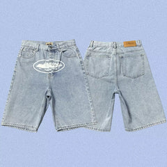 Corteiz Alcatraz Island Front Logo Heavyweight Denim Shorts - Light Blue