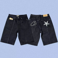 Corteiz Back Star Embroidery Heavyweight Denim Shorts Black