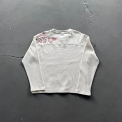 Derschutze Waffle Knit Shoulder Floral Embroidery Long-Sleeve Tee - Cream