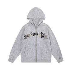 Trapstar Style Autumn/Winter Camo Patchwork Full-Zip Hoodie - Heather Grey
