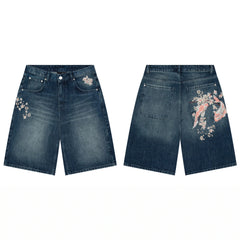 Derschutze Koi Fish & Cherry Blossom Embroidery Denim Shorts - Vintage Blue