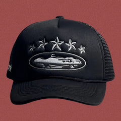 Vintage Black Trucker Hat with Silver Stars and Cruise Ship Graphic