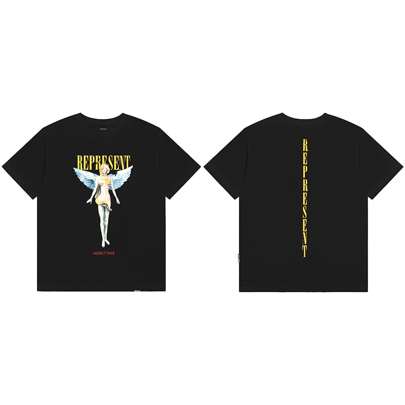 Represent Angel Figurine & Vertical Logo Graphic T-Shirt - Black