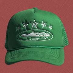 Corteiz Vintage Green Trucker Hat with White Stars and Cruise Ship Graphic