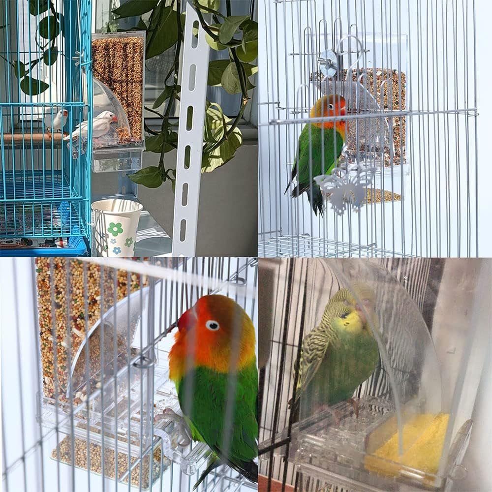No Mess Bird Cage Feeder 2Pack Automatic Parrot Seed Feeders with Perch Acrylic Transparent Seed Food Container Cage Accessories for Small and Medium Lovebirds Parakeets