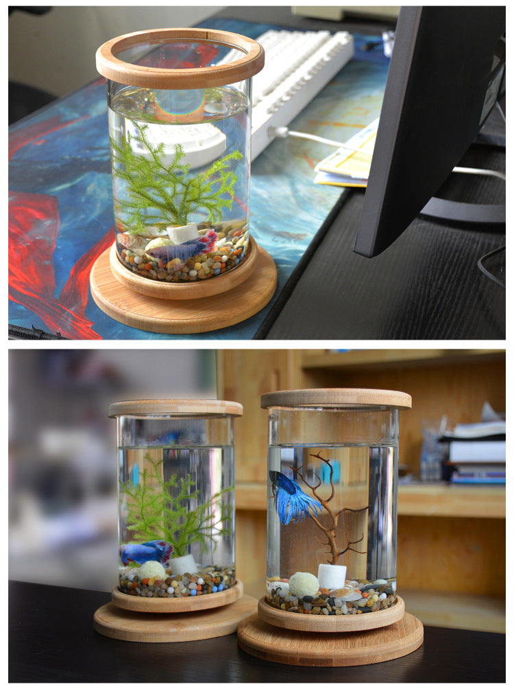 Small Office Glass Aquarium Bamboo Base Mini Fish Tank