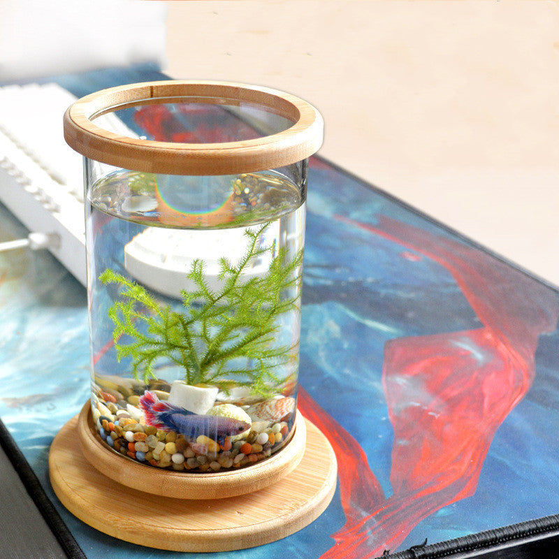 Small Office Glass Aquarium Bamboo Base Mini Fish Tank