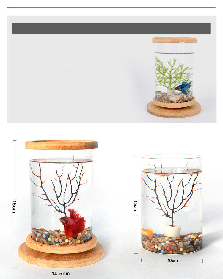 Small Office Glass Aquarium Bamboo Base Mini Fish Tank
