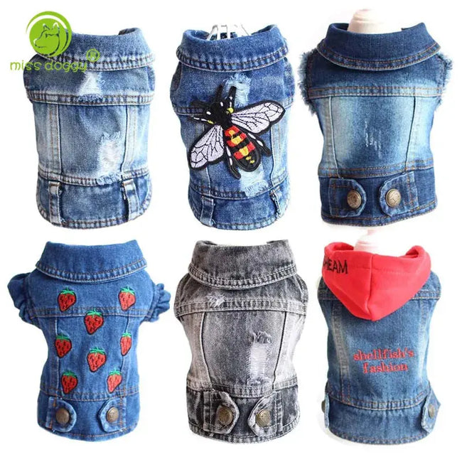 Denim Dog Clothes for Pitbulls Dachshund Fashion Dog Jeans Jacket  Blue Cowboy T-shirt for Shih Tzu Cool Apparel for Small Dogs Hover Image
