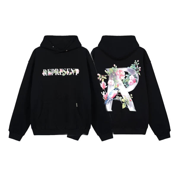 Represent Floral & Metal "R" Graphic Heavyweight Hoodie - Black