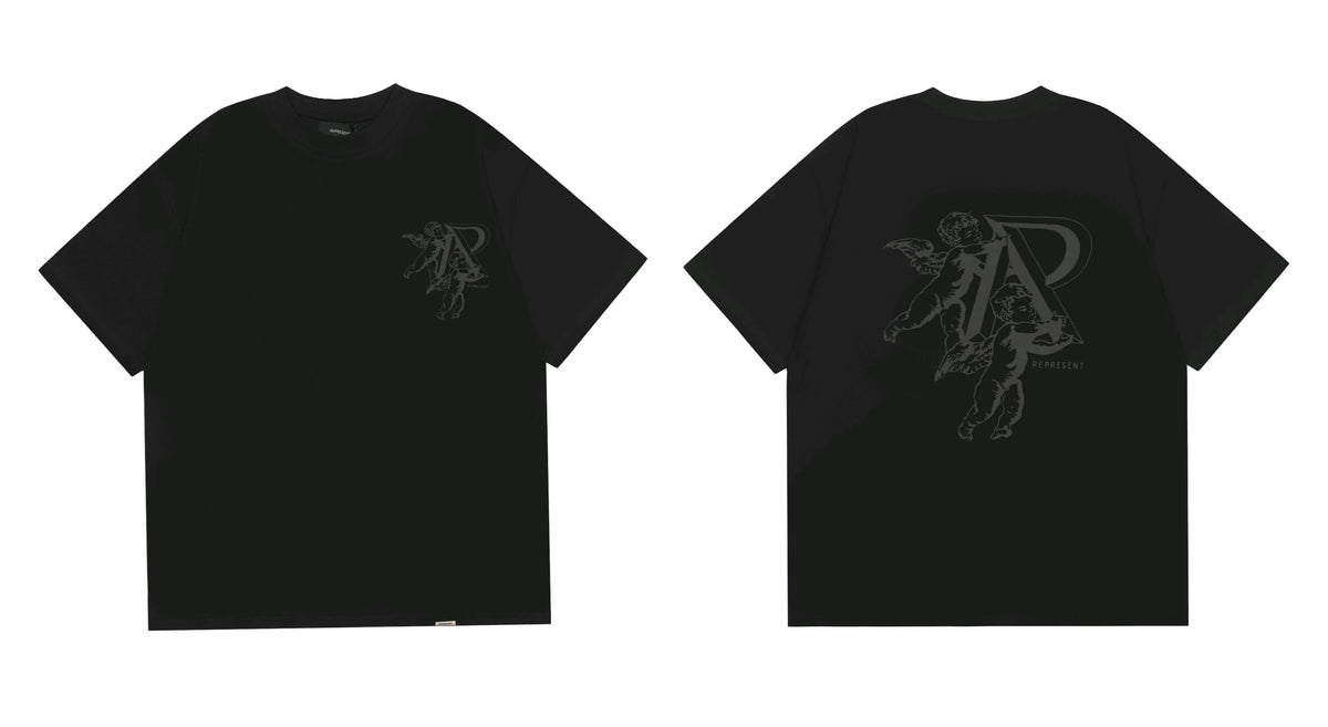 Represent Tonal Angel & "R" Monogram Graphic T-Shirt - Black