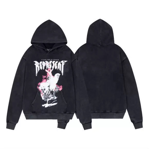 Represent Metal Gothic & Pink Mist Graphic Heavyweight Hoodie - Vintage Washed Black
