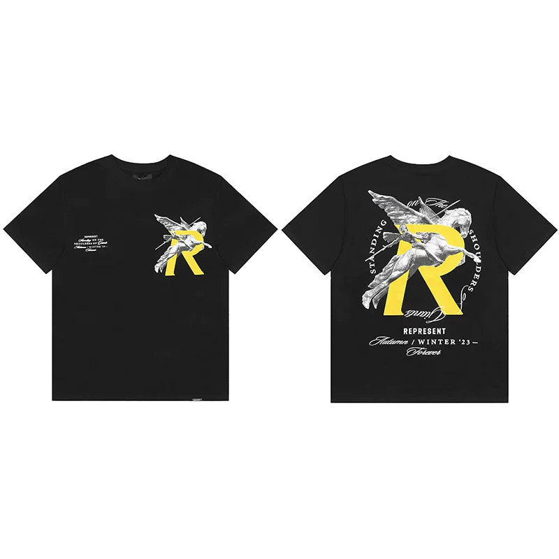 Represent "Standing on Shoulders" Angel "R" Graphic T-Shirt - Black