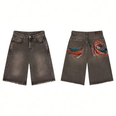 Derschutze Vintage Oil Painting Embroidery Denim Shorts - Brown/Grey