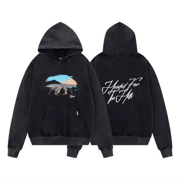 Represent "Headed For The Hills" Landscape Graphic Heavyweight Hoodie - Vintage Black