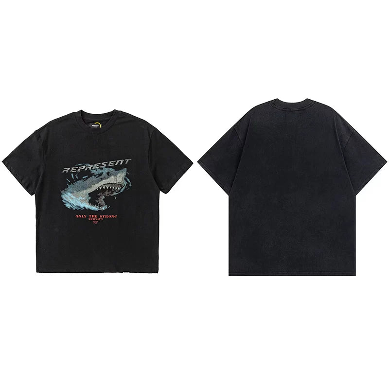 Represent "Only The Strong" Shark Graphic T-Shirt - Black