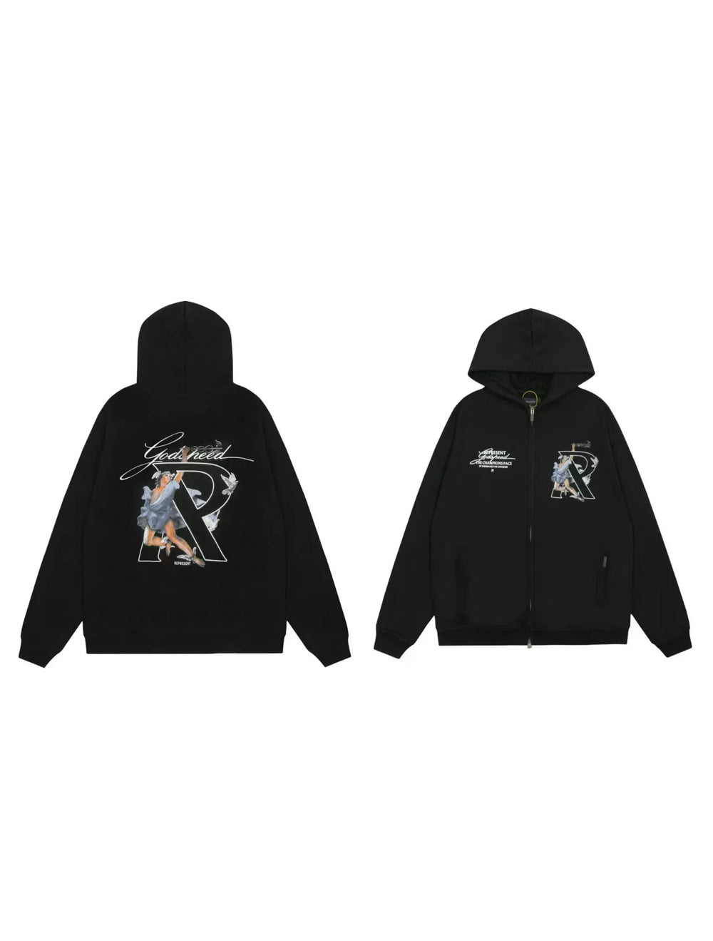 Represent "Good Speed" Vintage Figure & "R" Graphic Heavyweight Zip-Up Hoodie - Black
