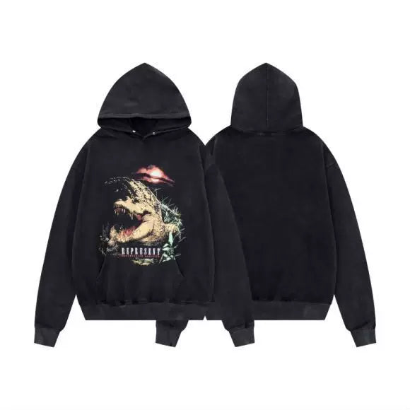 Represent Dinosaur & Full Moon Graphic Heavyweight Hoodie - Vintage Black