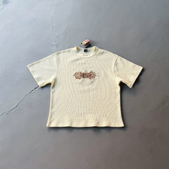 Derschutze Waffle Knit Chest Embroidery T-Shirt - Cream