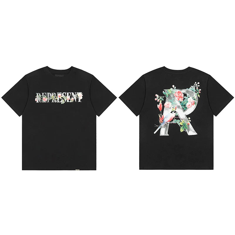 Represent Floral & Bird Silver "R" Graphic T-Shirt - Black