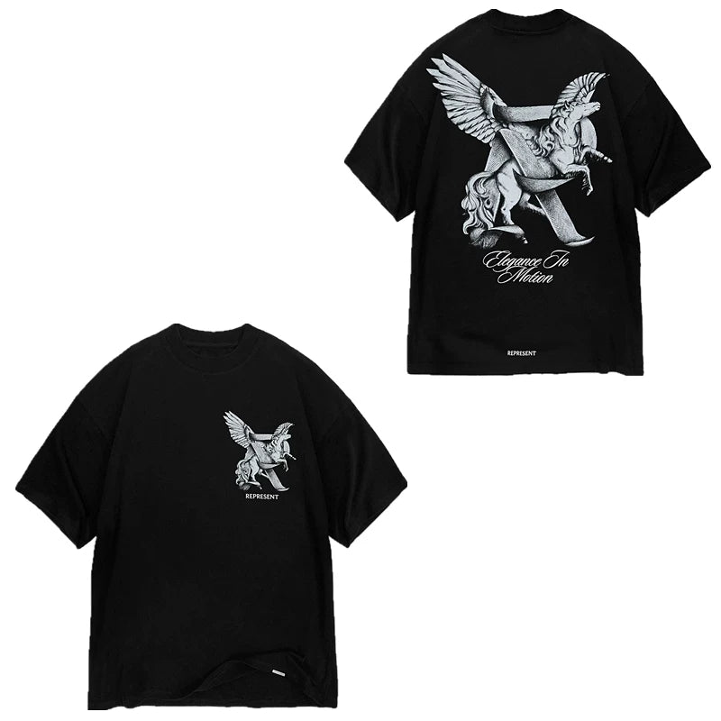 Represent "Elegance In Motion" Winged Unicorn Graphic T-Shirt - Black