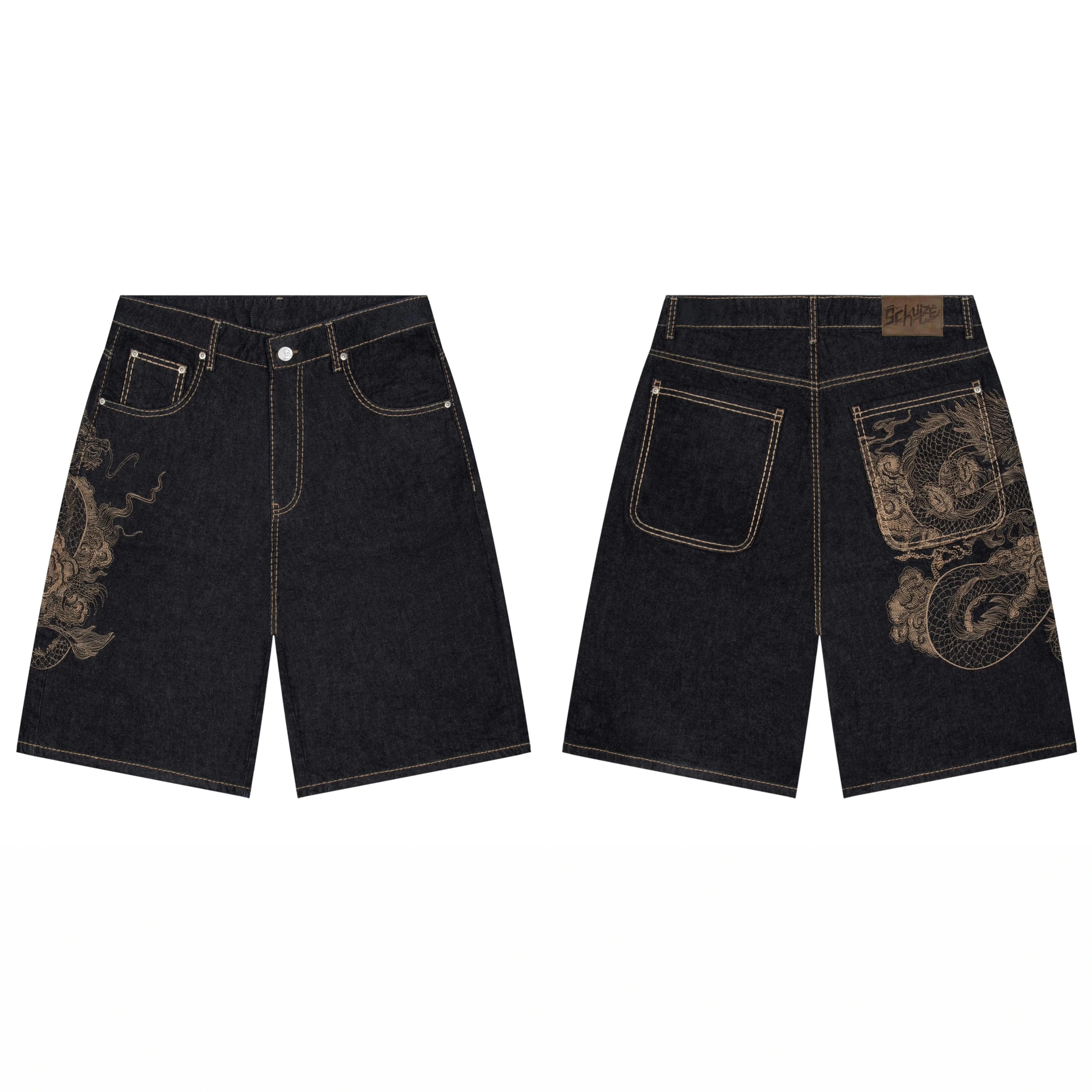 Derschutze Dragon Graphic Embroidery Denim Shorts - Black