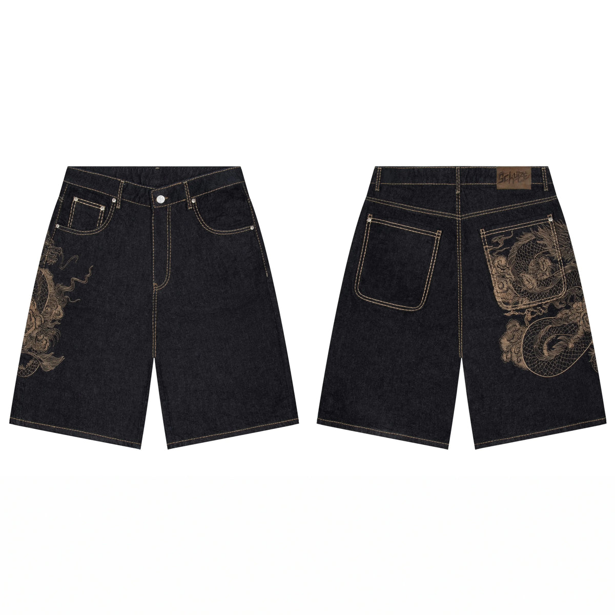 Derschutze Dragon Graphic Embroidery Denim Shorts - Black