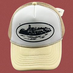 Corteiz Vintage Cream and White Trucker Hat with Oval Cruise Ship Graphic