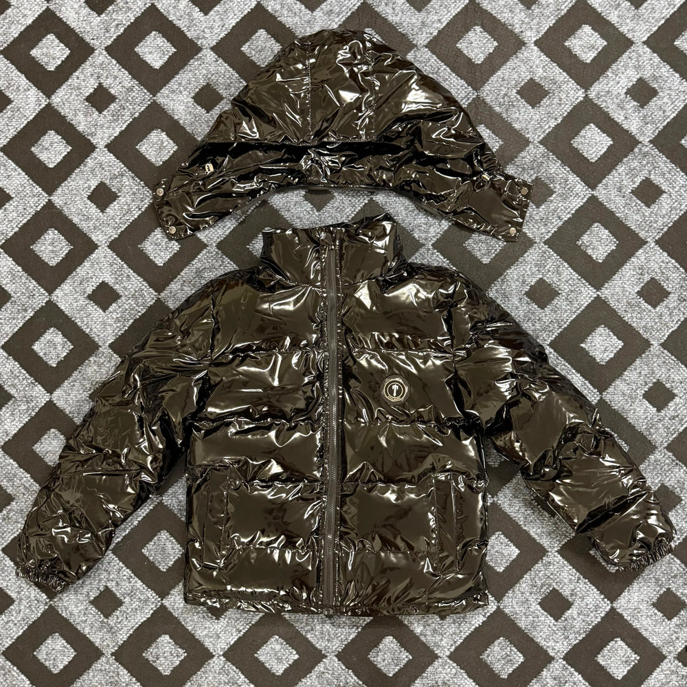 Trapstar Glossy Patent Hooded Puffer Jacket - Dark Bronze/Black