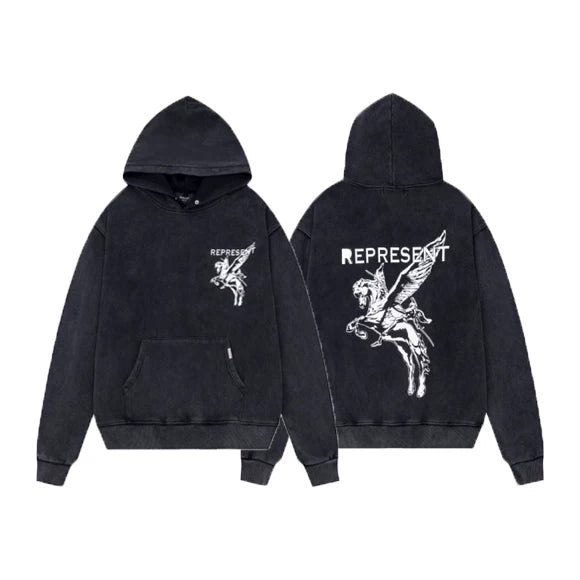 Represent Pegasus Graphic Heavyweight Hoodie - Vintage Washed Black