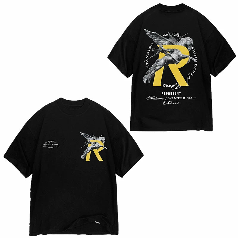 Represent "Standing On Shoulders" Large "R" & Angel Graphic T-Shirt - Black