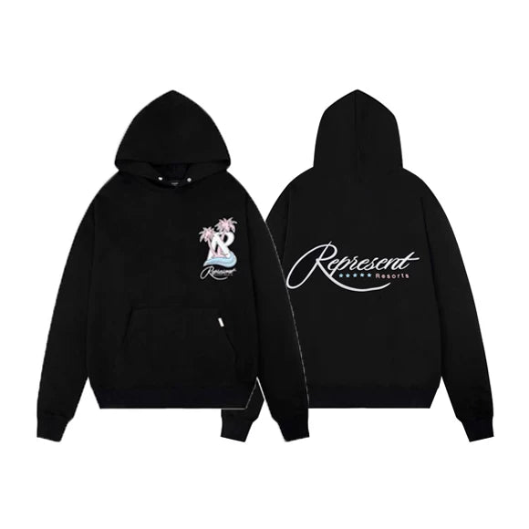 Represent Palm Trees & Pink Script Graphic Heavyweight Hoodie - Black
