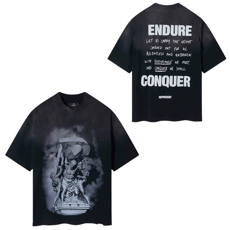 Represent "Endure & Conquer" Statue Graphic T-Shirt - Vintage Black