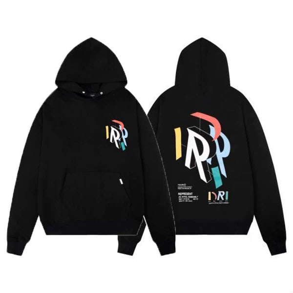 Represent Abstract 3D "R" & Geometric Graphic Heavyweight Hoodie - Black