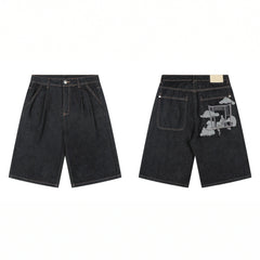 Derschutze Architectural Landscape Embroidery Denim Shorts - Black