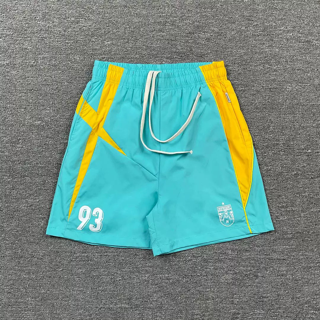 Represent Colorblock "93" Athletic Shorts - Light Blue/Yellow