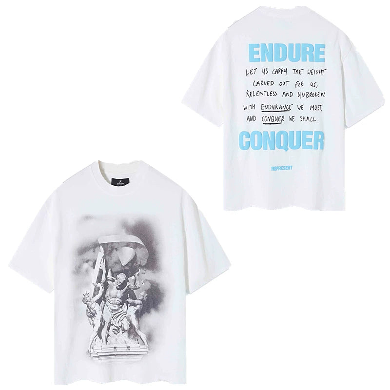 Represent "Endure & Conquer" Blue Statue Graphic T-Shirt - White