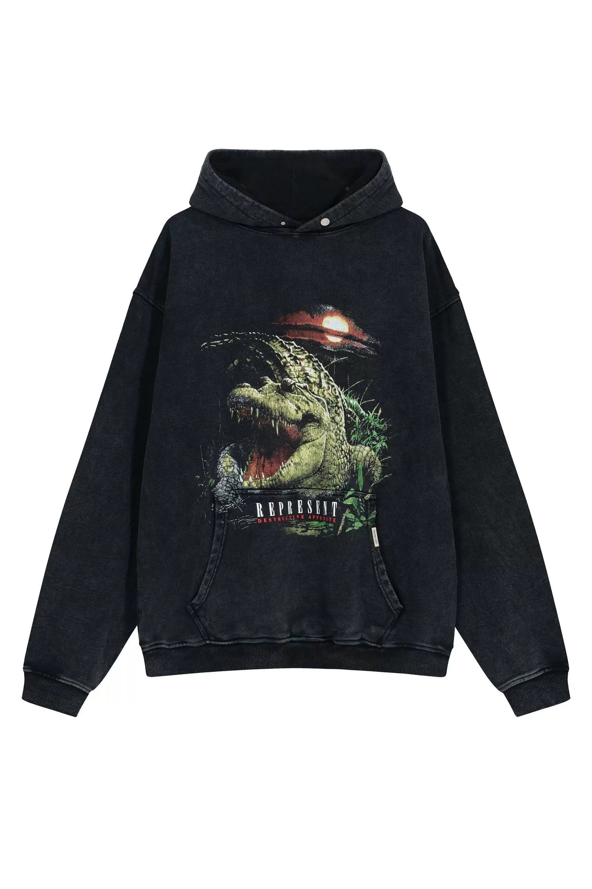 Represent Dinosaur & Full Moon Graphic Heavyweight Hoodie - Vintage Black