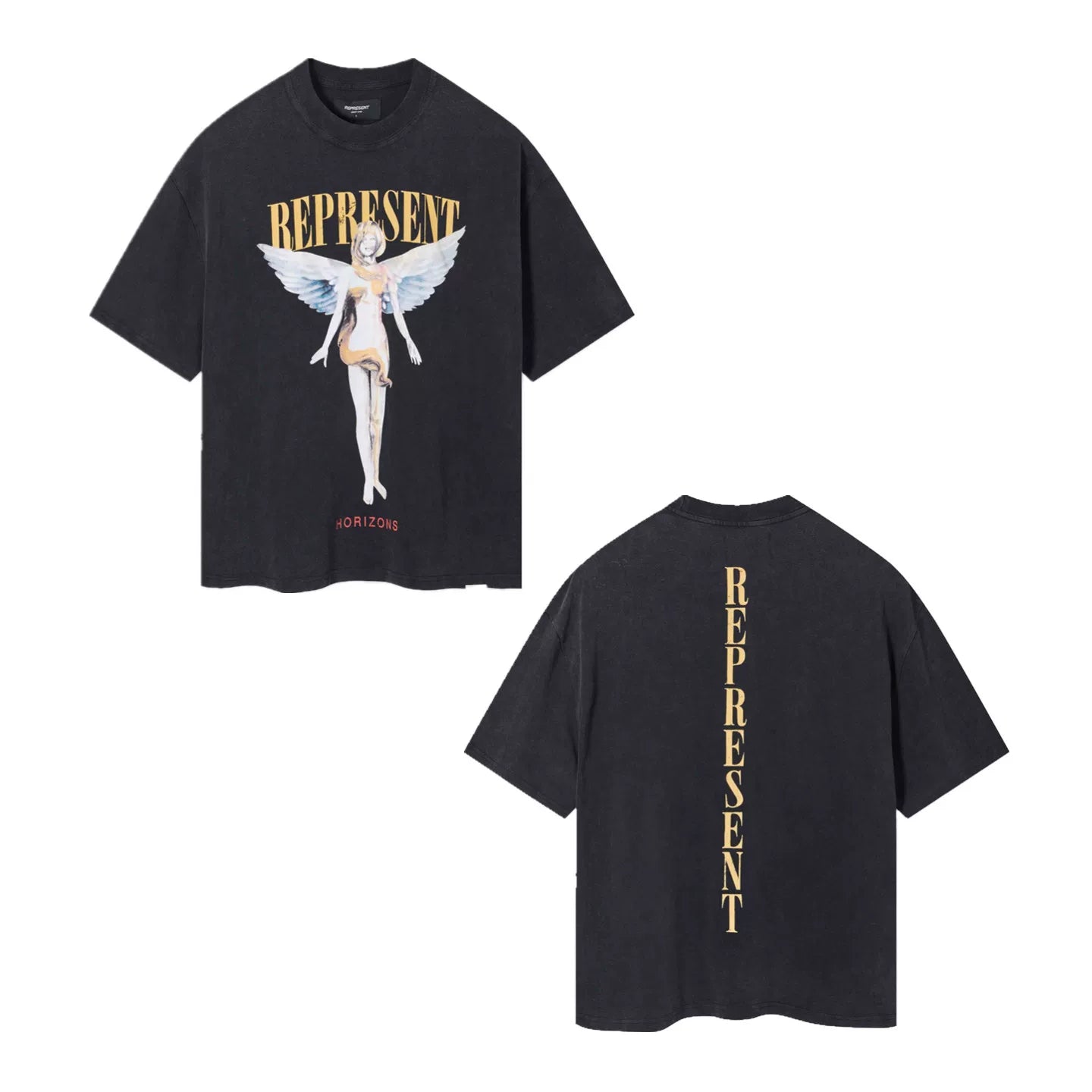 Represent Angel & Vertical Logo Graphic T-Shirt - Vintage Black