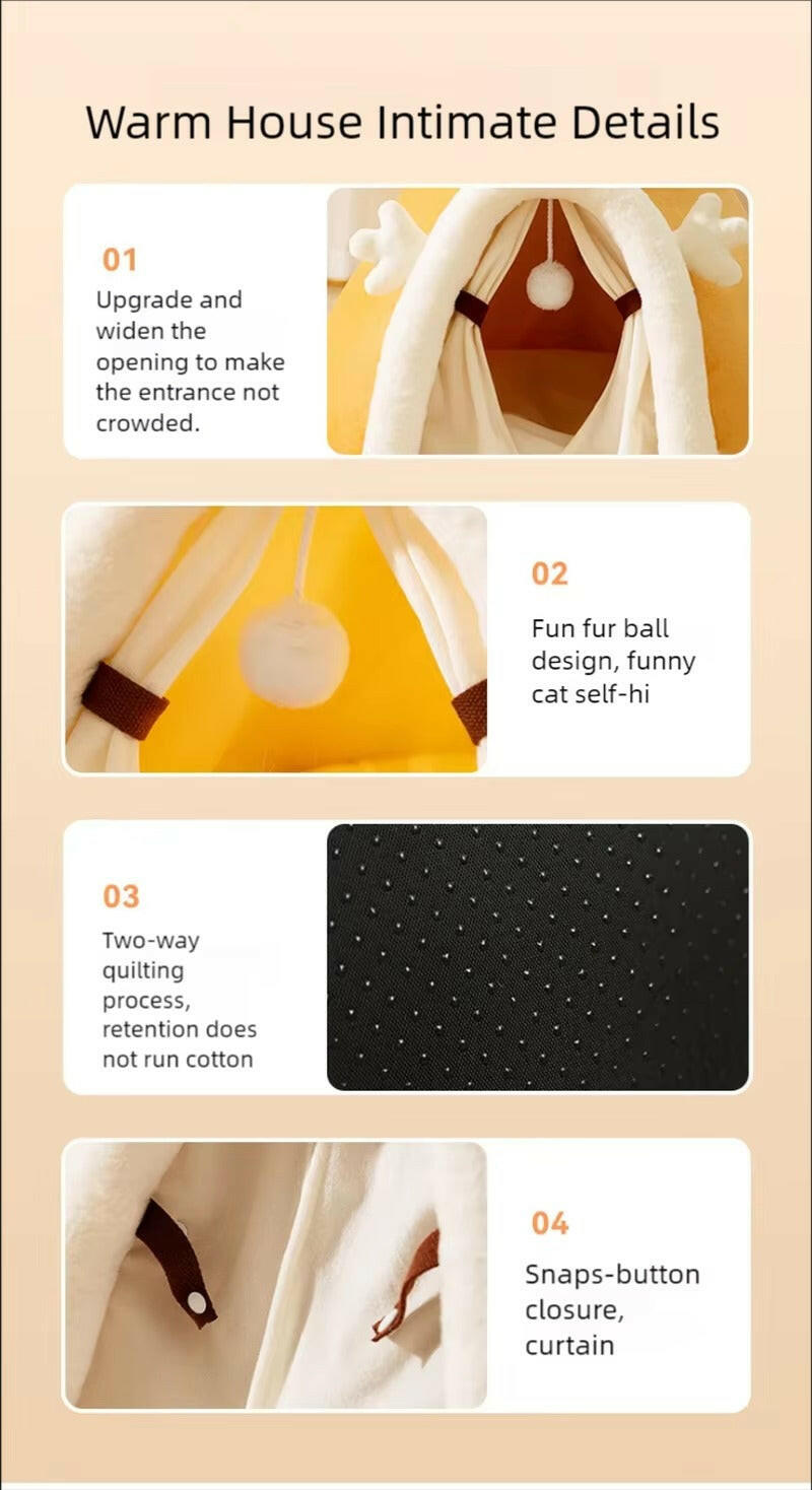 Cat Bed Plush Teepee Cozy Enclosed Tent for Cats and Small Dogs