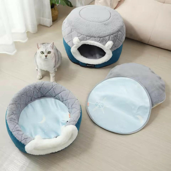 Convertible Plush Cat Bed – 2-in-1 Enclosed Hideaway Main Image