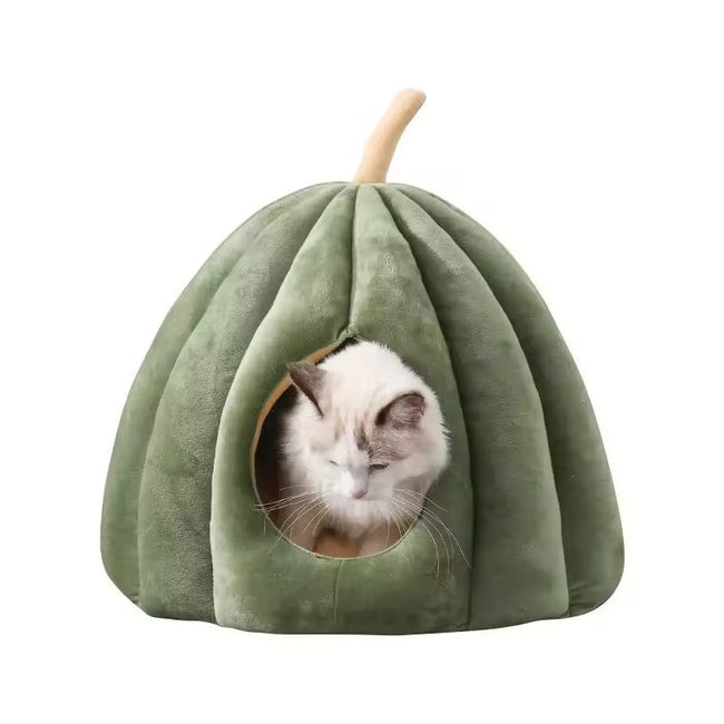 Plush Green Pumpkin Cat Cave Bed for Cats and Small Dogs Main Image