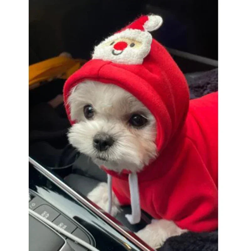 FestiveFleece Hoodie - Christmas Elk & Santa Print Dog Hoodie for Small Medium Dogs