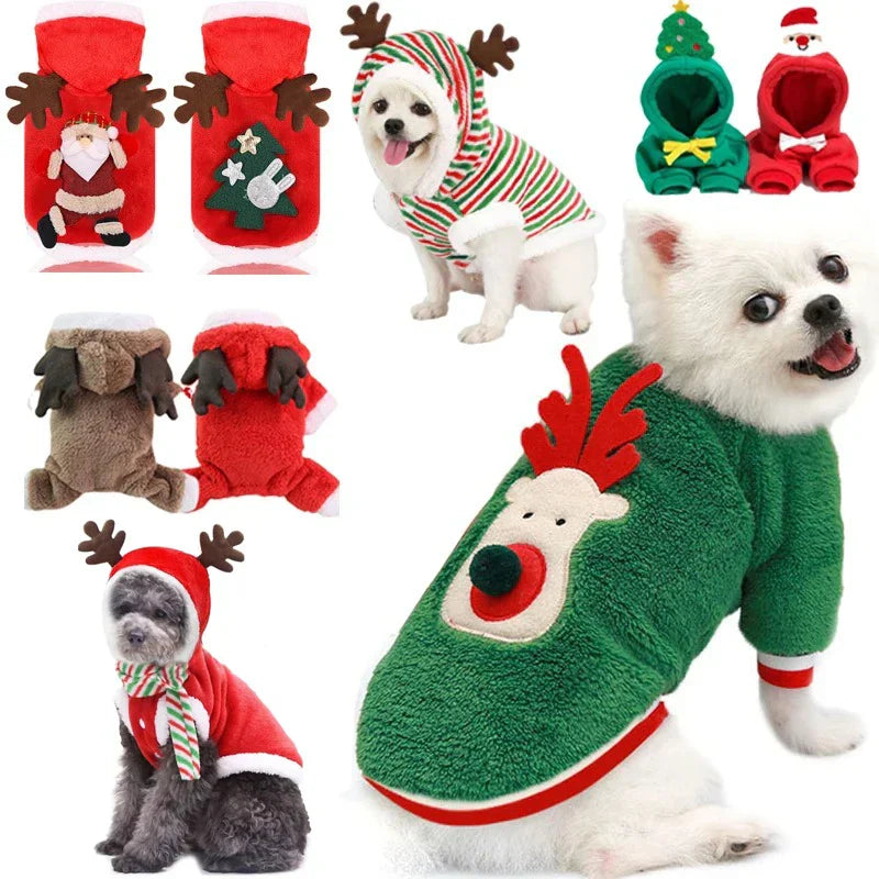 FestiveFleece Hoodie - Christmas Elk & Santa Print Dog Hoodie for Small Medium Dogs