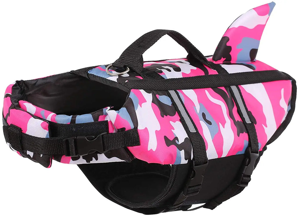 Shark Fin Dog Life Jacket - Camo Blue & Pink Safety Swim Vest