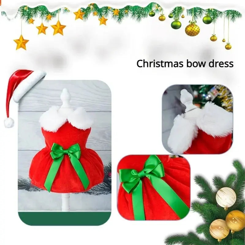 Pet Christmas Clothing Dog Cat Red Dress Warm Bow Frock Golden Velvet Fabric Santa Claus Clothes Dogs Cats Garment Pets Supplies