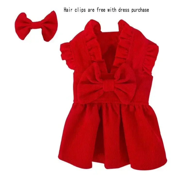 PrincessPaws Bow Dress Set - Corduroy Christmas Princess Costume for Teddy & Small Dogs